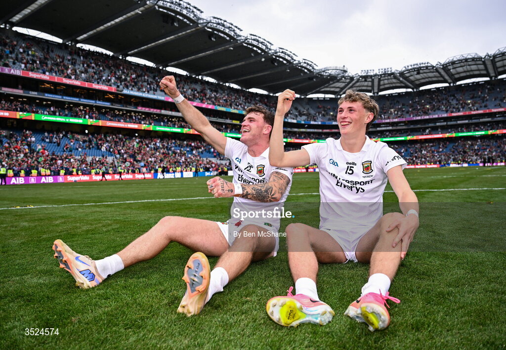 26 July 2026; Jordan Flynn, left, and Kobe McDonald of Mayo take a moment after the GAA Football All-Ireland Senior Championship final match between Kerry and Mayo at Croke Park in Dublin. Photo by Ben McShane/Sportsfile