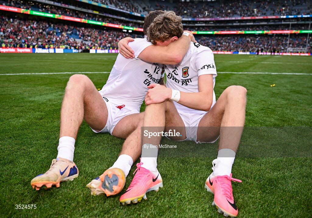 26 July 2026; Jordan Flynn, left, and Kobe McDonald of Mayo take a moment after the GAA Football All-Ireland Senior Championship final match between Kerry and Mayo at Croke Park in Dublin. Photo by Ben McShane/Sportsfile