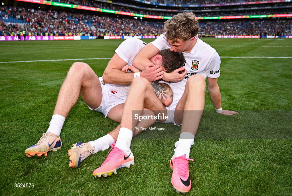 26 July 2026; Jordan Flynn, left, and Kobe McDonald of Mayo take a moment after the GAA Football All-Ireland Senior Championship final match between Kerry and Mayo at Croke Park in Dublin. Photo by Ben McShane/Sportsfile