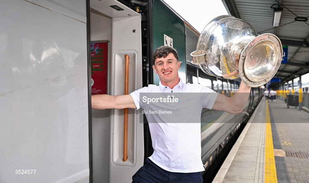 27 July 2026; Jack Coyne of Mayo celebrates with the Sam Maguire Cup at Heuston Station in Dublin after being crowned All-Ireland Senior Football champions following their victory over Kerry in the GAA All-Ireland Senior Football Championship final at Croke Park on Sunday. Photo by Sam Barnes/Sportsfile