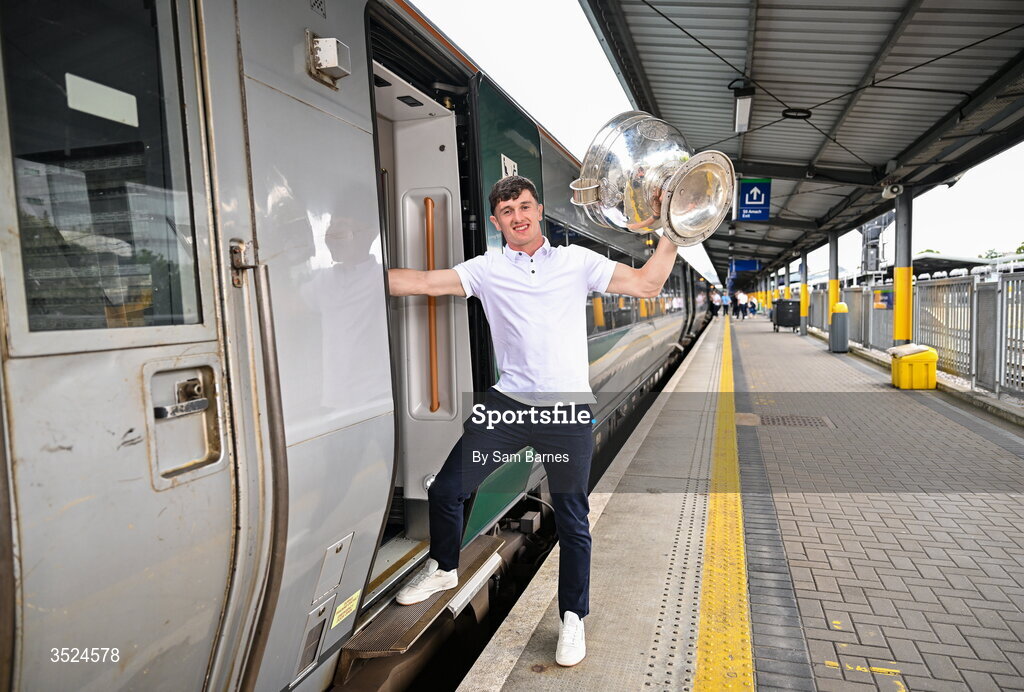 27 July 2026; Jack Coyne of Mayo celebrates with the Sam Maguire Cup at Heuston Station in Dublin after being crowned All-Ireland Senior Football champions following their victory over Kerry in the GAA All-Ireland Senior Football Championship final at Croke Park on Sunday. Photo by Sam Barnes/Sportsfile