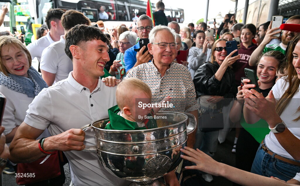 27 July 2026; Jack Coyne of Mayo celebrates with supporters and the Sam Maguire Cup at Heuston Station in Dublin after being crowned All-Ireland Senior Football champions following their victory over Kerry in the GAA All-Ireland Senior Football Championship final at Croke Park on Sunday. Photo by Sam Barnes/Sportsfile