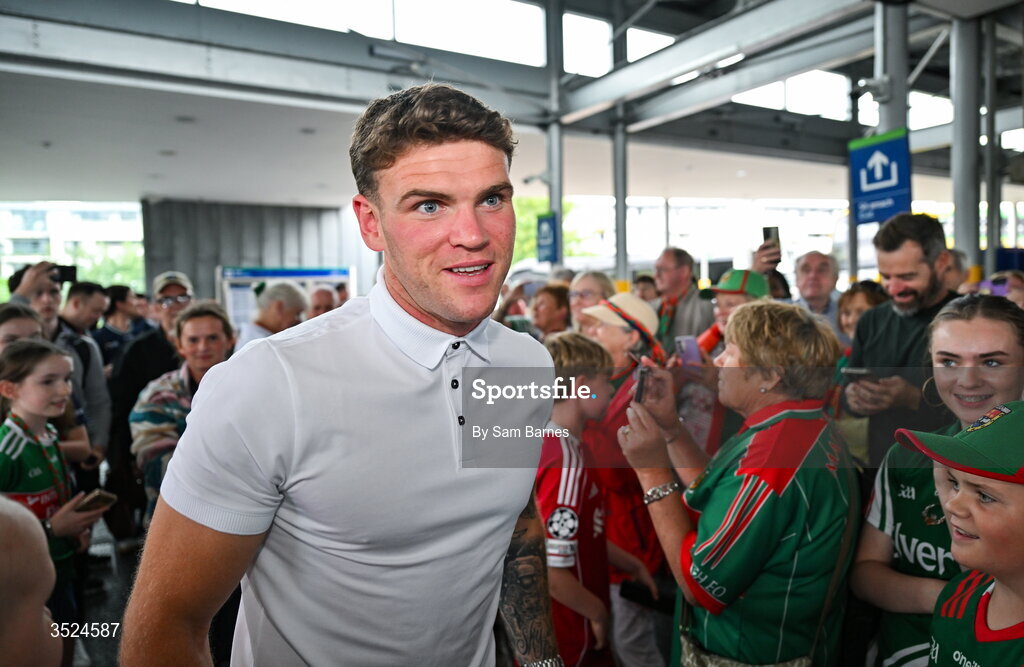 27 July 2026; Jordan Flynn of Mayo celebrates at Heuston Station in Dublin after being crowned All-Ireland Senior Football champions following their victory over Kerry in the GAA All-Ireland Senior Football Championship final at Croke Park on Sunday. Photo by Sam Barnes/Sportsfile