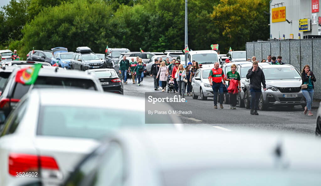 27 July 2026; Mayo supporters make their way to the homecoming celebrations of the All-Ireland Senior Football Champions at Hastings Insurance MacHale Park in Castlebar, Mayo. Photo by Piaras Ó Mídheach/Sportsfile