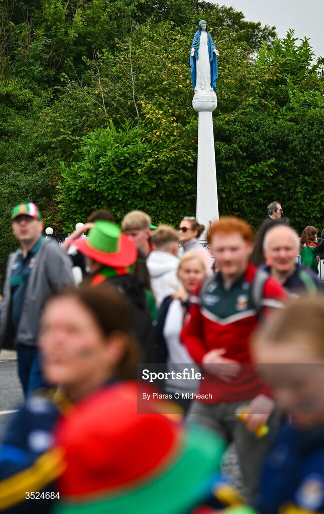 27 July 2026; Mayo supporters walk past the Virgin Mary statue close to the ground during the homecoming celebrations of the All-Ireland Senior Football Champions at Hastings Insurance MacHale Park in Castlebar, Mayo. Photo by Piaras Ó Mídheach/Sportsfile