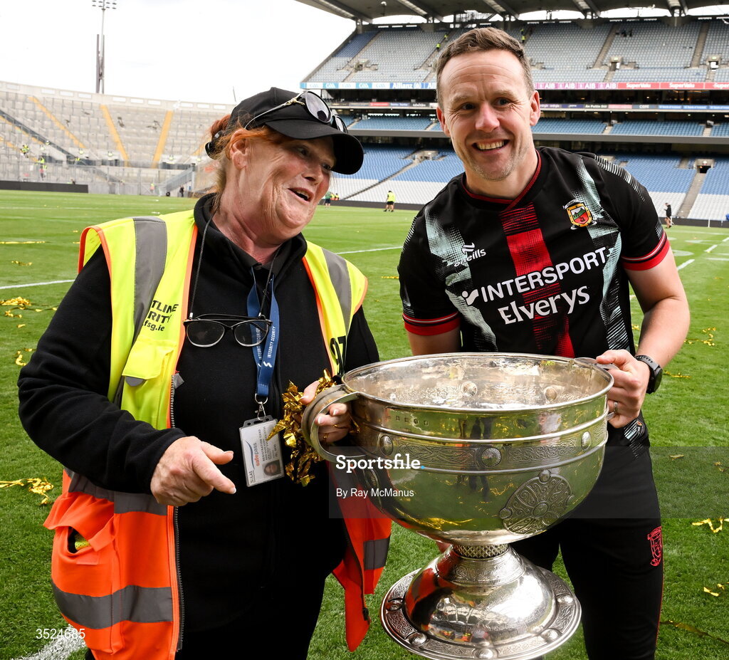 26 July 2026; Mayo manager Andy Moran with the Sam Maguire and Anne Marie Kerry after the GAA Football All-Ireland Senior Championship final match between Kerry and Mayo at Croke Park in Dublin. Photo by Ray McManus/Sportsfile
