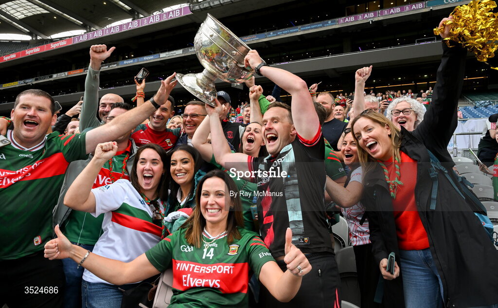 26 July 2026; Mayo manager Andy Moran with the Sam Maguire and supporters after the GAA Football All-Ireland Senior Championship final match between Kerry and Mayo at Croke Park in Dublin. Photo by Ray McManus/Sportsfile