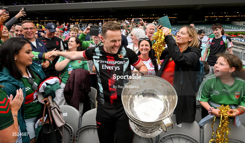 26 July 2026; Mayo manager Andy Moran with the Sam Maguire after the GAA Football All-Ireland Senior Championship final match between Kerry and Mayo at Croke Park in Dublin. Photo by Ray McManus/Sportsfile