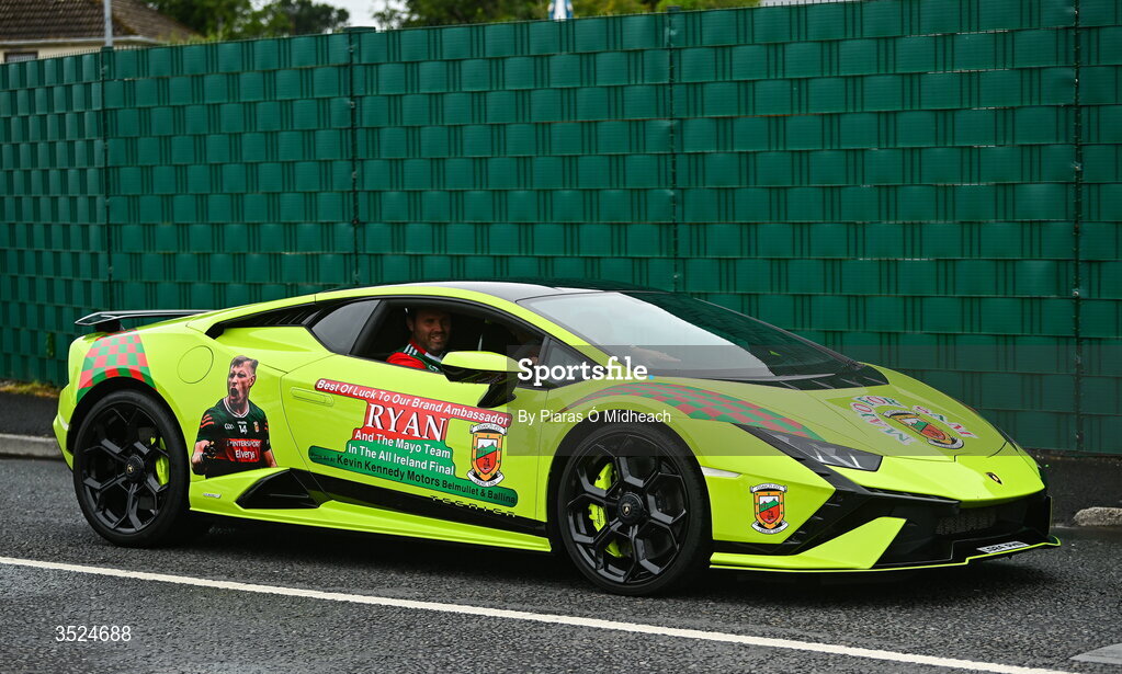 27 July 2026; A Mayo decorated Lamborghini during the homecoming celebrations of the All-Ireland Senior Football Champions at Hastings Insurance MacHale Park in Castlebar, Mayo. Photo by Piaras Ó Mídheach/Sportsfile