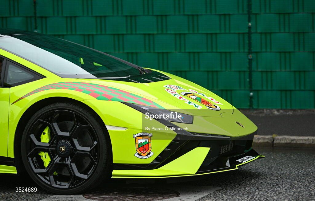 27 July 2026; A Mayo decorated Lamborghini during the homecoming celebrations of the All-Ireland Senior Football Champions at Hastings Insurance MacHale Park in Castlebar, Mayo. Photo by Piaras Ó Mídheach/Sportsfile