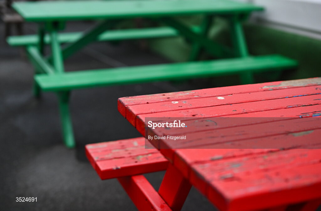 27 July 2026; Picnic benches in the red and green colours are seen prior to racing during day one of the Galway Races Summer Festival at Ballybrit Racecourse in Galway. Photo by David Fitzgerald/Sportsfile