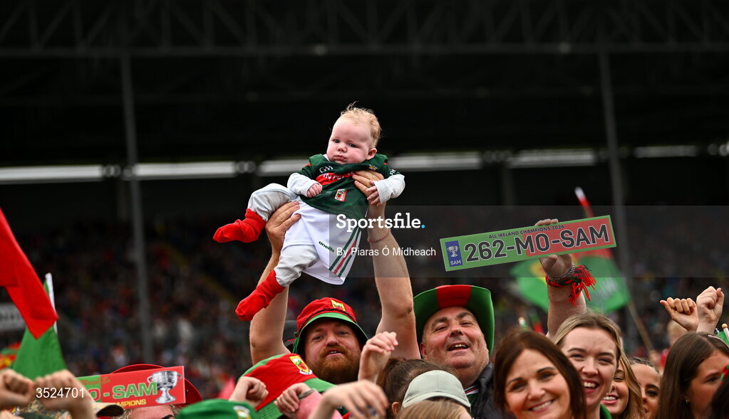 27 July 2026; Young Mayo supporter Paddy McDonagh, aged 3 months, from Castlebar during the homecoming celebrations of the All-Ireland Senior Football Champions at Hastings Insurance MacHale Park in Castlebar, Mayo. Photo by Piaras Ó Mídheach/Sportsfile