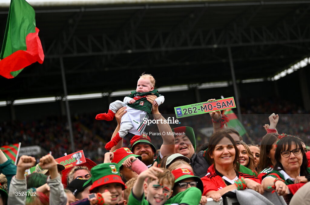 27 July 2026; Young Mayo supporter Paddy McDonagh, aged 3 months, from Castlebar during the homecoming celebrations of the All-Ireland Senior Football Champions at Hastings Insurance MacHale Park in Castlebar, Mayo. Photo by Piaras Ó Mídheach/Sportsfile