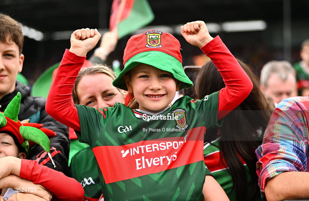 27 July 2026; Young Mayo supporter Orla Langan, aged 5, from Hollymount, during the homecoming celebrations of the All-Ireland Senior Football Champions at Hastings Insurance MacHale Park in Castlebar, Mayo. Photo by Piaras Ó Mídheach/Sportsfile