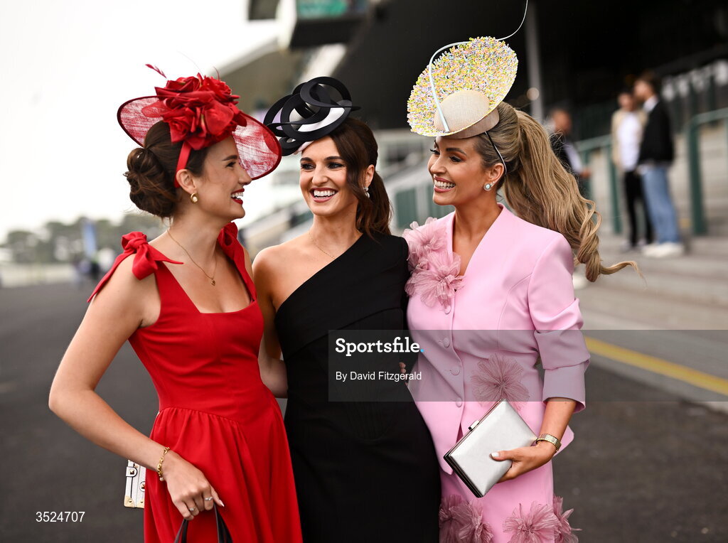 27 July 2026; Racegoers, from left, Jennifer Sharkey, Leona Morelli and Pam Richardson from Galway prior to racing during day one of the Galway Races Summer Festival at Ballybrit Racecourse in Galway. Photo by David Fitzgerald/Sportsfile