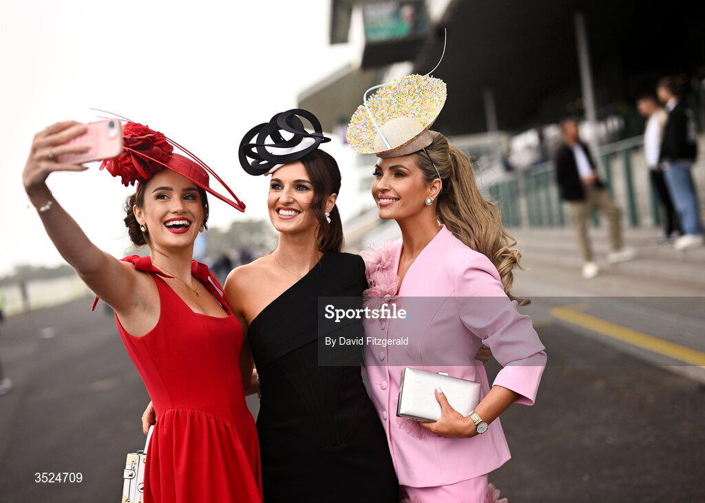 27 July 2026; Racegoers, from left, Jennifer Sharkey, Leona Morelli and Pam Richardson from Galway prior to racing during day one of the Galway Races Summer Festival at Ballybrit Racecourse in Galway. Photo by David Fitzgerald/Sportsfile