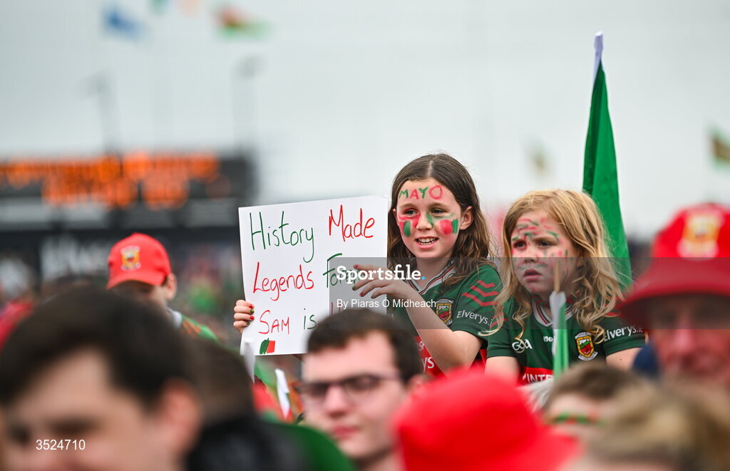 27 July 2026; Young Mayo supporters during the homecoming celebrations of the All-Ireland Senior Football Champions at Hastings Insurance MacHale Park in Castlebar, Mayo. Photo by Piaras Ó Mídheach/Sportsfile