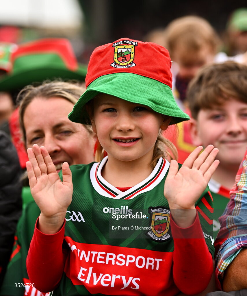 27 July 2026; Young Mayo supporter Orla Langan, aged 5, from Hollymount, during the homecoming celebrations of the All-Ireland Senior Football Champions at Hastings Insurance MacHale Park in Castlebar, Mayo. Photo by Piaras Ó Mídheach/Sportsfile