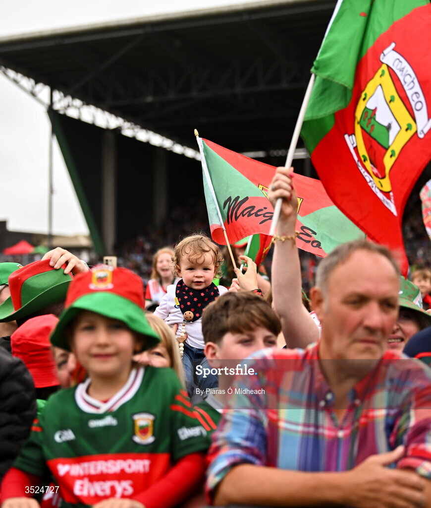 27 July 2026; Mayo supporter Aodh John Judge, 18 months old and from Carrowhawny Logboy, a neighbour of Mayo captain Jack Coyne, during the homecoming celebrations of the All-Ireland Senior Football Champions at Hastings Insurance MacHale Park in Castlebar, Mayo. Photo by Piaras Ó Mídheach/Sportsfile