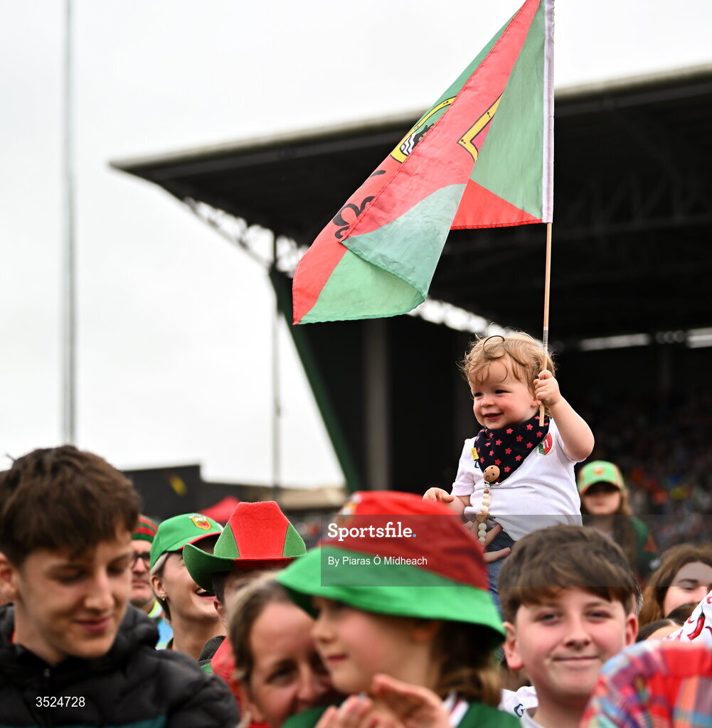 27 July 2026; Mayo supporter Aodh John Judge, 18 months old and from Carrowhawny Logboy, a neighbour of Mayo captain Jack Coyne, during the homecoming celebrations of the All-Ireland Senior Football Champions at Hastings Insurance MacHale Park in Castlebar, Mayo. Photo by Piaras Ó Mídheach/Sportsfile
