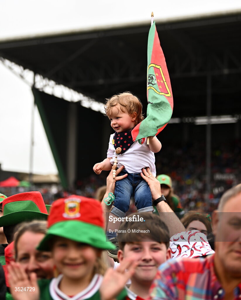 27 July 2026; Mayo supporter Aodh John Judge, 18 months old and from Carrowhawny Logboy, a neighbour of Mayo captain Jack Coyne, during the homecoming celebrations of the All-Ireland Senior Football Champions at Hastings Insurance MacHale Park in Castlebar, Mayo. Photo by Piaras Ó Mídheach/Sportsfile