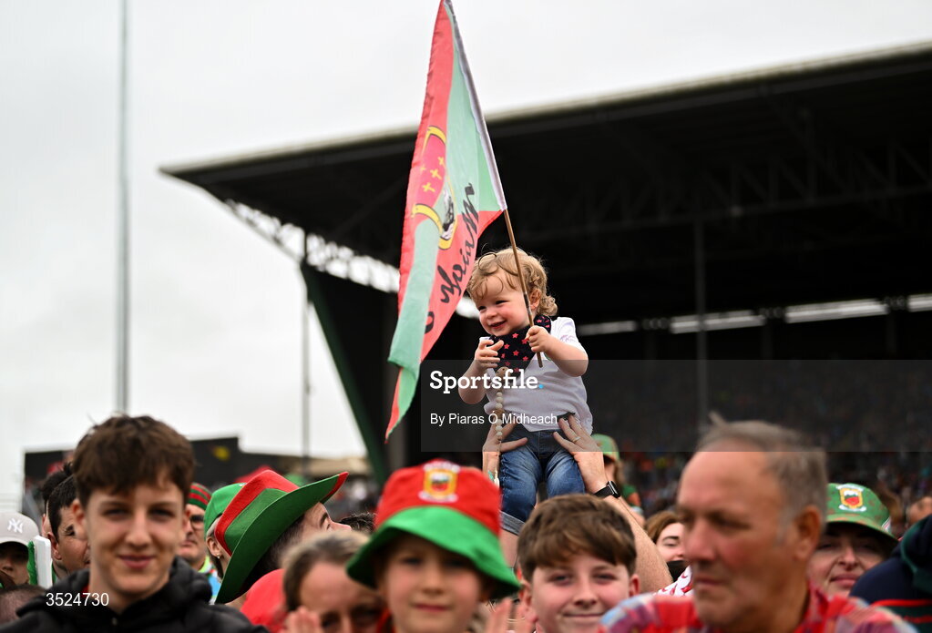 27 July 2026; Mayo supporter Aodh John Judge, 18 months old and from Carrowhawny Logboy, a neighbour of Mayo captain Jack Coyne, during the homecoming celebrations of the All-Ireland Senior Football Champions at Hastings Insurance MacHale Park in Castlebar, Mayo. Photo by Piaras Ó Mídheach/Sportsfile