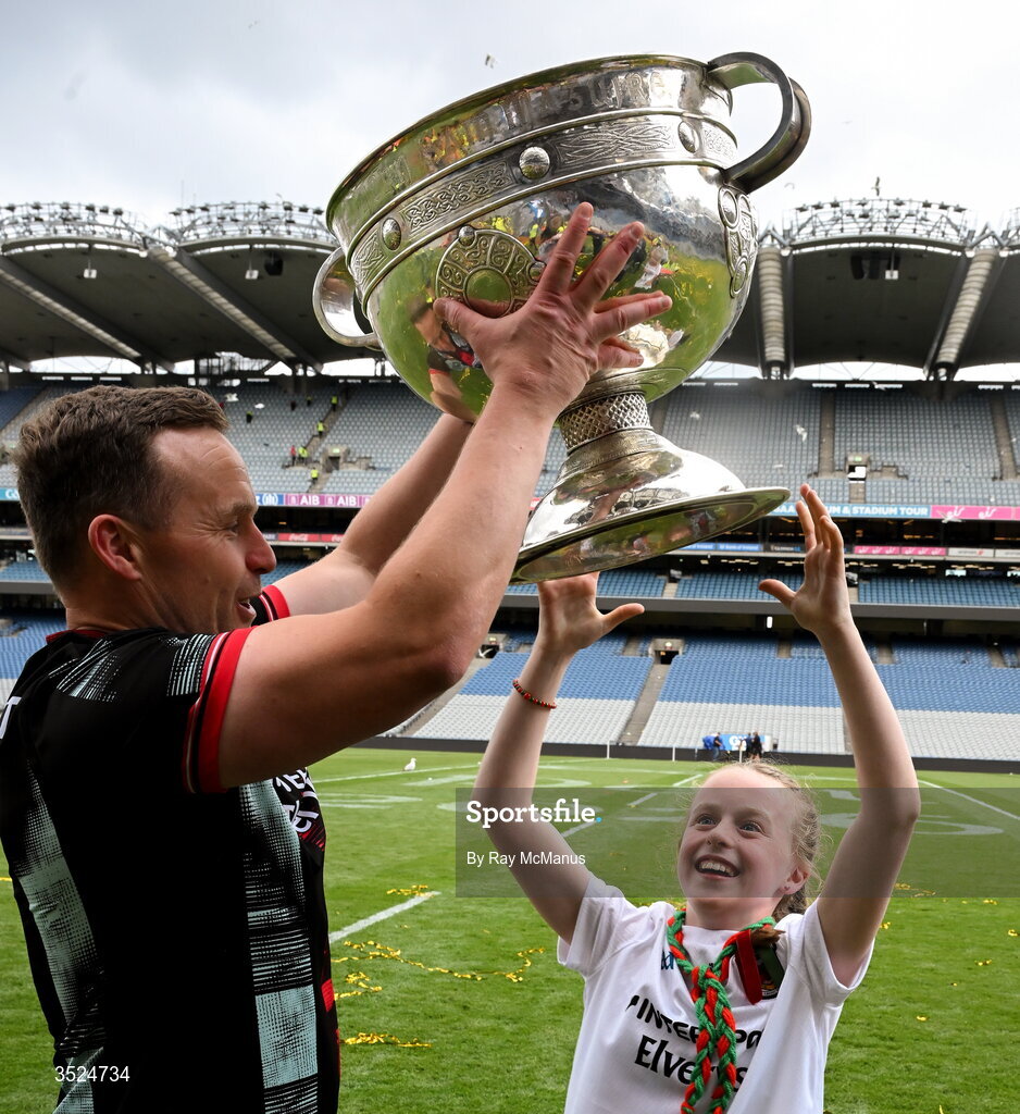26 July 2026; Mayo manager Andy Moran with the Sam Maguire and his daughter Charlotte after the GAA Football All-Ireland Senior Championship final match between Kerry and Mayo at Croke Park in Dublin. Photo by Ray McManus/Sportsfile