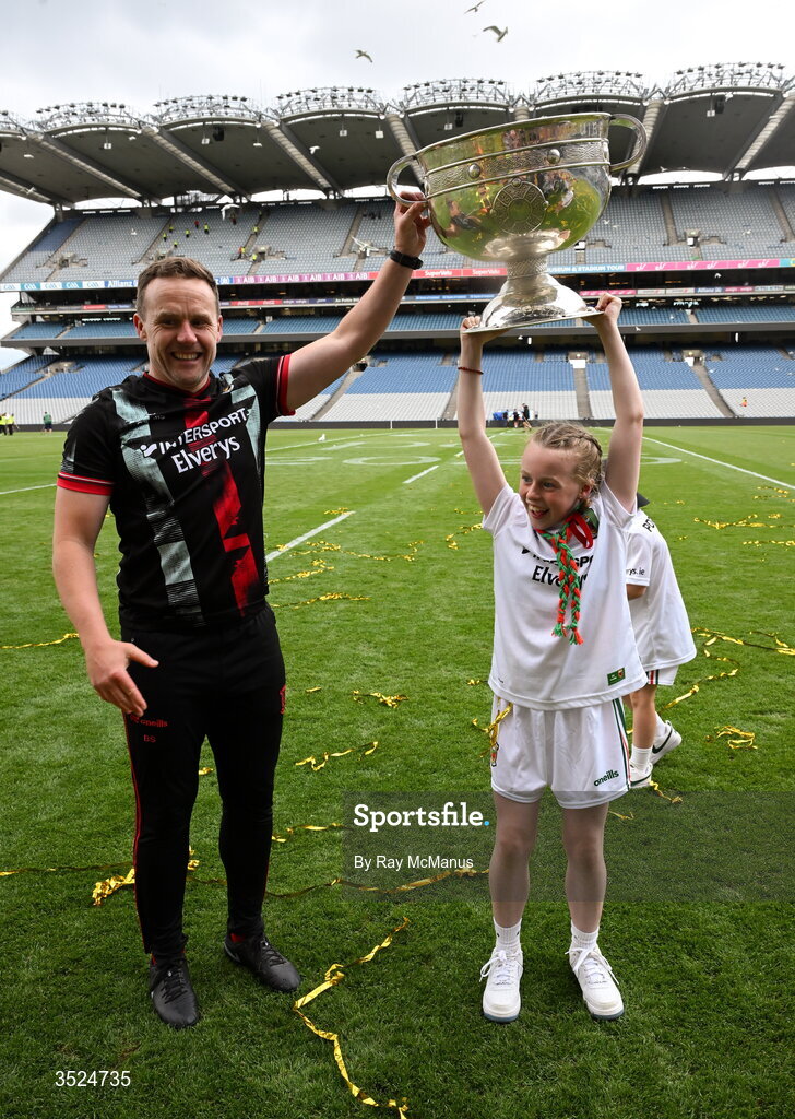 26 July 2026; Mayo manager Andy Moran with the Sam Maguire and his daughter Charlotte after the GAA Football All-Ireland Senior Championship final match between Kerry and Mayo at Croke Park in Dublin. Photo by Ray McManus/Sportsfile