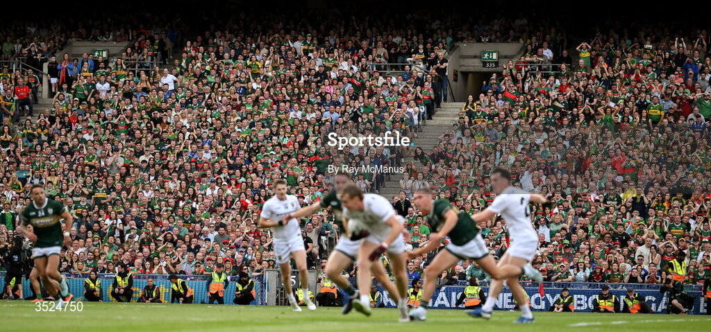 26 July 2026; Supporters, in the Hogan Stand, watch the GAA Football All-Ireland Senior Championship final match between Kerry and Mayo at Croke Park in Dublin. Photo by Ray McManus/Sportsfile