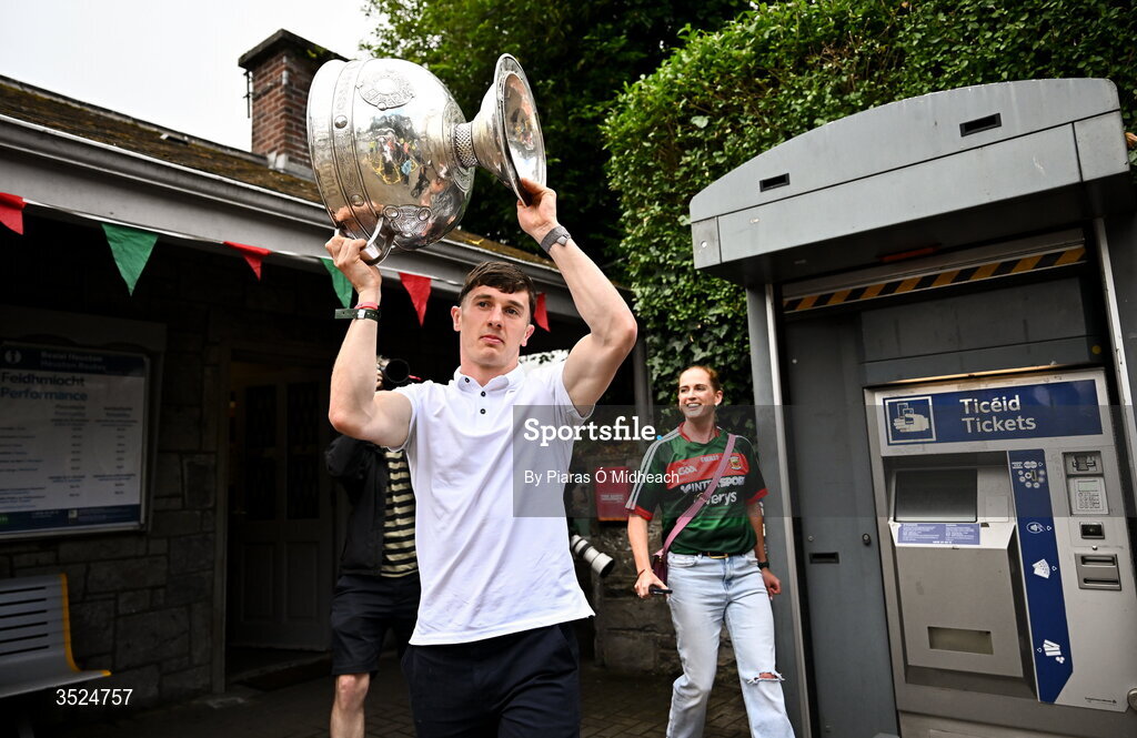 27 July 2026; Mayo captain Jack Coyne during the homecoming celebrations of the All-Ireland Senior Football Champions at Hastings Insurance MacHale Park in Castlebar, Mayo. Photo by Piaras Ó Mídheach/Sportsfile