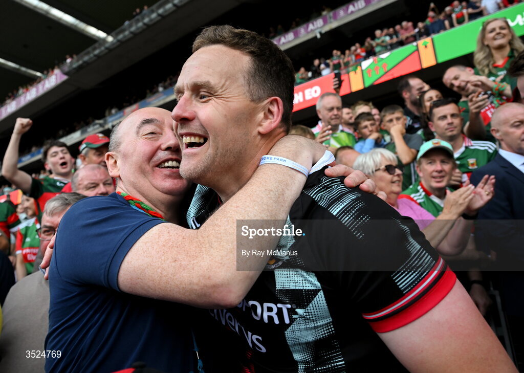 26 July 2026; Mayo manager Andy Moran is congratulated after the GAA Football All-Ireland Senior Championship final match between Kerry and Mayo at Croke Park in Dublin. Photo by Ray McManus/Sportsfile