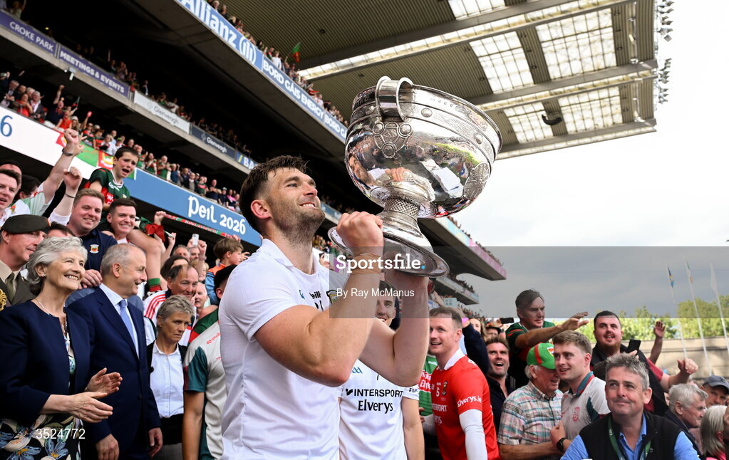 26 July 2026; Aidan O'Shea of Mayo lifts the Sam Maguire after the GAA Football All-Ireland Senior Championship final match between Kerry and Mayo at Croke Park in Dublin. Photo by Ray McManus/Sportsfile