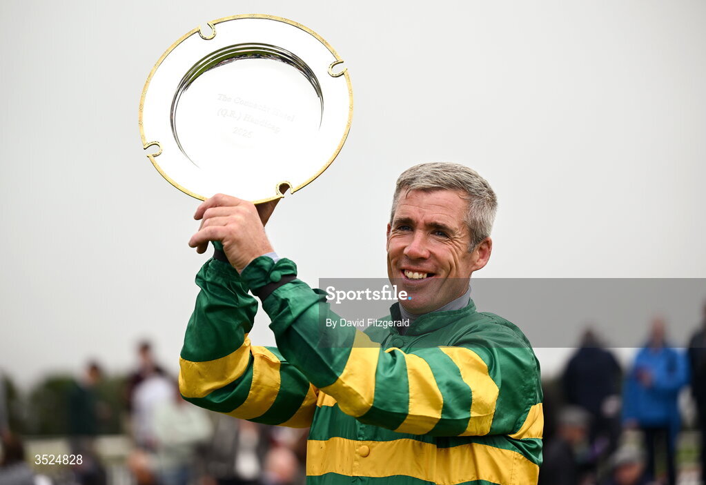 27 July 2026; Jockey Derek O'Connor celebrates with the shield after winning the Connacht Hotel Handicap onboard Comfort Zone during day one of the Galway Races Summer Festival at Ballybrit Racecourse in Galway. Photo by David Fitzgerald/Sportsfile