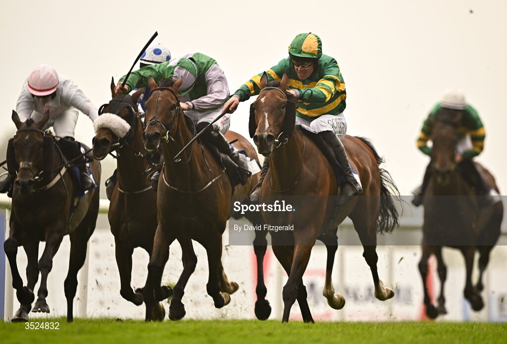 27 July 2026; Comfort Zone, with Derek O'Connor up, right, on their way to winning the Connacht Hotel Handicap during day one of the Galway Races Summer Festival at Ballybrit Racecourse in Galway. Photo by David Fitzgerald/Sportsfile