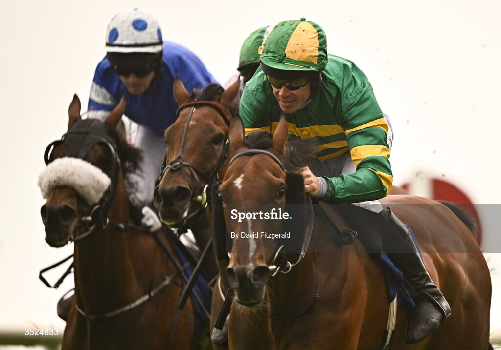 27 July 2026; Comfort Zone, with Derek O'Connor up, right, after winning the Connacht Hotel Handicap during day one of the Galway Races Summer Festival at Ballybrit Racecourse in Galway. Photo by David Fitzgerald/Sportsfile