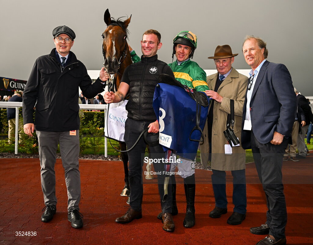 27 July 2026; Jockey Derek O'Connor with winning connections including trainer Joseph O'Brien and Comfort Zone after winning the Connacht Hotel Handicap during day one of the Galway Races Summer Festival at Ballybrit Racecourse in Galway. Photo by David Fitzgerald/Sportsfile