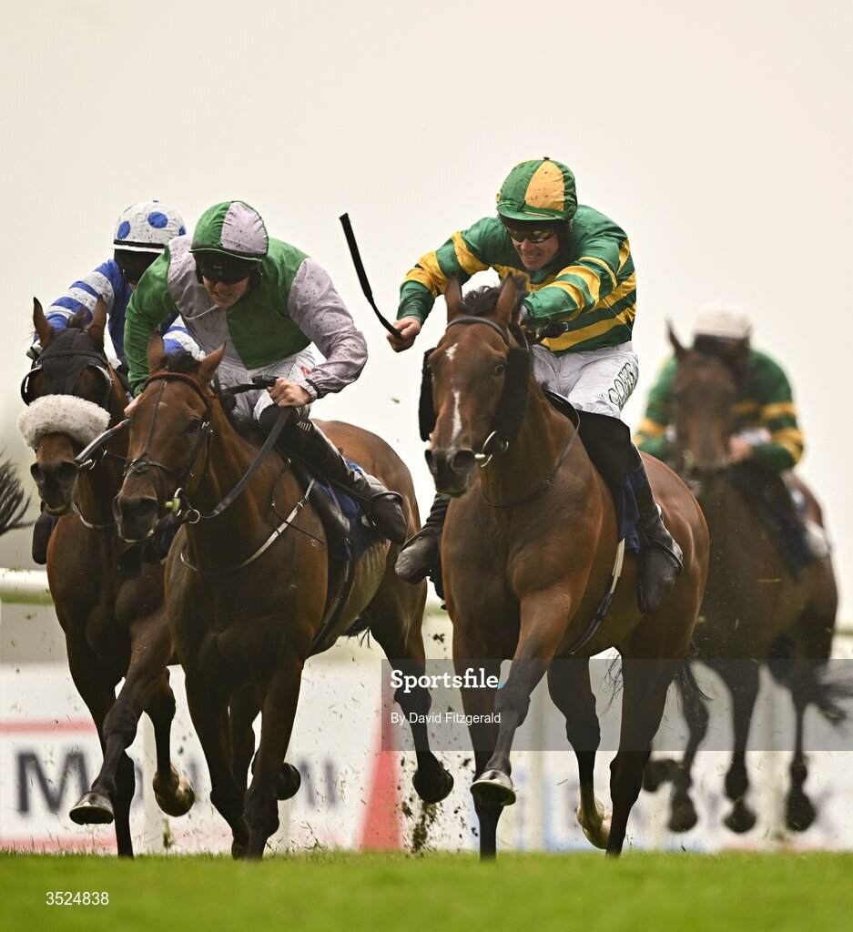 27 July 2026; Comfort Zone, with Derek O'Connor up, right, on their way to winning the Connacht Hotel Handicap during day one of the Galway Races Summer Festival at Ballybrit Racecourse in Galway. Photo by David Fitzgerald/Sportsfile