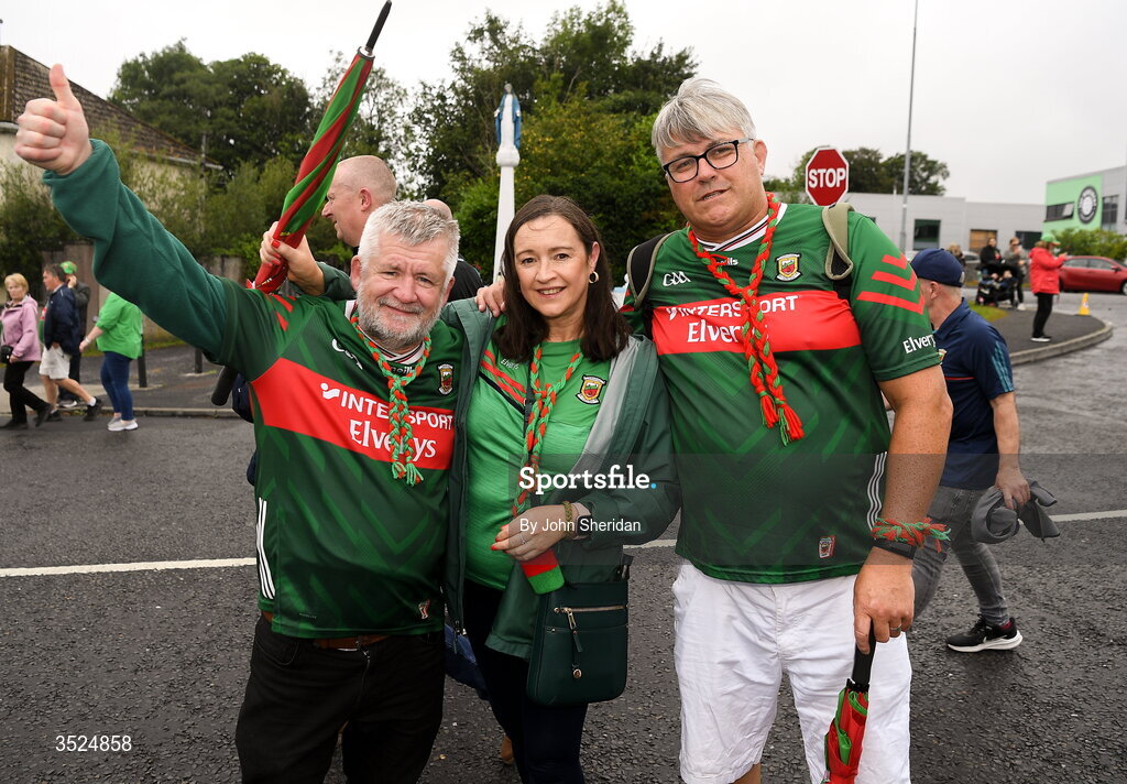 27 July 2026; Mayo supporters, from left, Seamus Gilmore, Geraldine Ruane and Declan Ruane from Swinford during the homecoming at Castlebar in Mayo, after being crowned All-Ireland Senior Football champions following their victory over Kerry in the GAA All-Ireland Senior Football Championship final at Croke Park on Sunday. Photo by John Sheridan/Sportsfile
