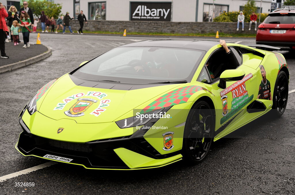27 July 2026; A Lamborghini with the Mayo colours at the during the homecoming at Castlebar in Mayo, after being crowned All-Ireland Senior Football champions following their victory over Kerry in the GAA All-Ireland Senior Football Championship final at Croke Park on Sunday. Photo by John Sheridan/Sportsfile
