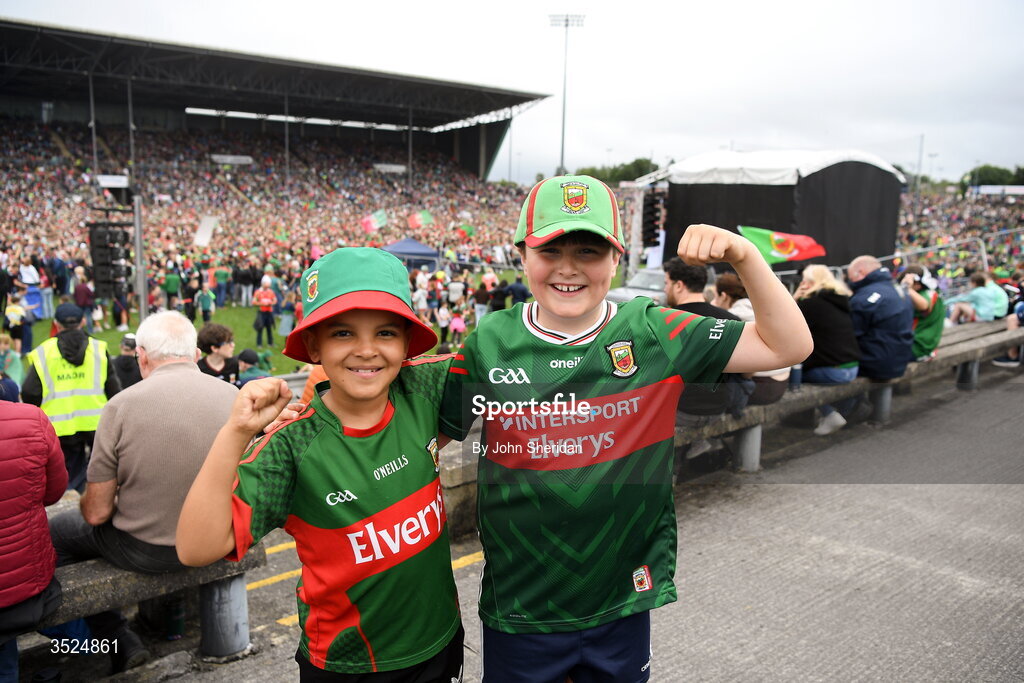 27 July 2026; Mayo supporters, from left, Elijah and Cillian during the homecoming at Castlebar in Mayo, after being crowned All-Ireland Senior Football champions following their victory over Kerry in the GAA All-Ireland Senior Football Championship final at Croke Park on Sunday. Photo by John Sheridan/Sportsfile