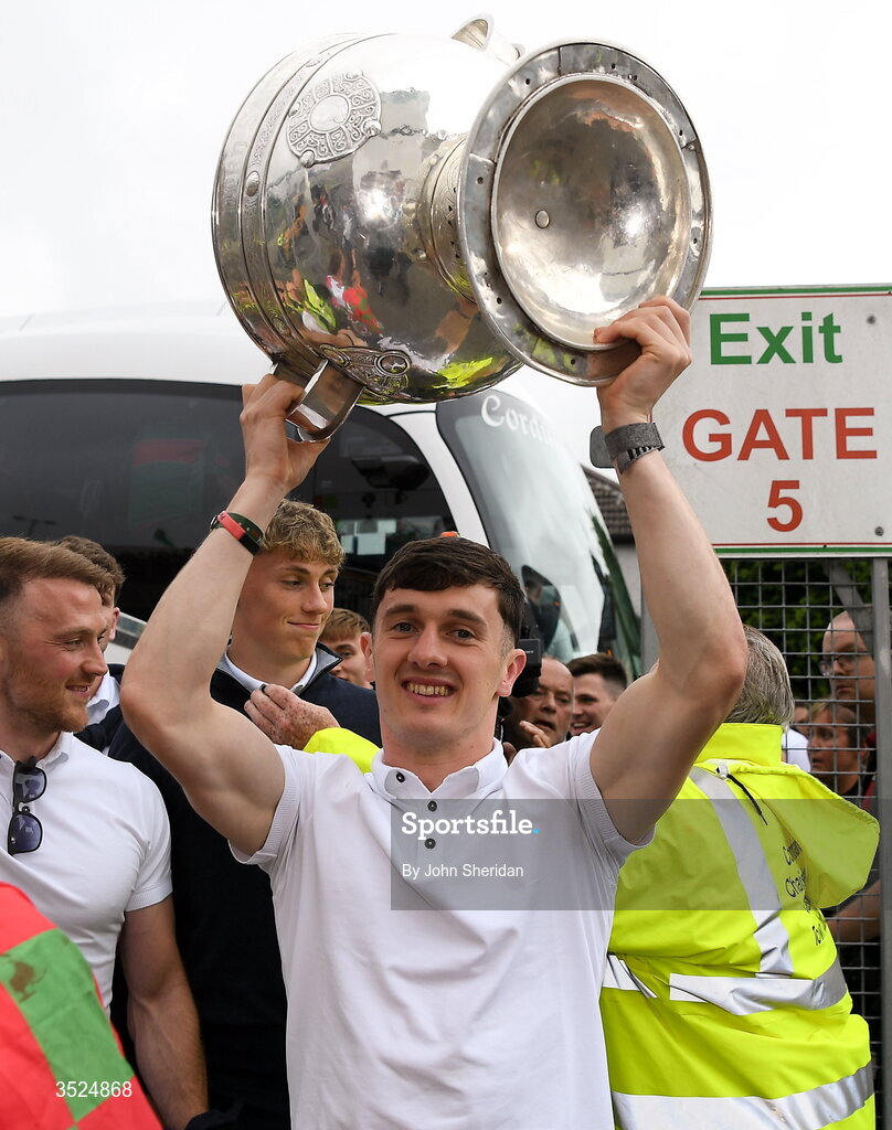 27 July 2026; Mayo captain Jack Coyne with the Sam Maguire during the homecoming at Castlebar in Mayo, after being crowned All-Ireland Senior Football champions following their victory over Kerry in the GAA All-Ireland Senior Football Championship final at Croke Park on Sunday. Photo by John Sheridan/Sportsfile