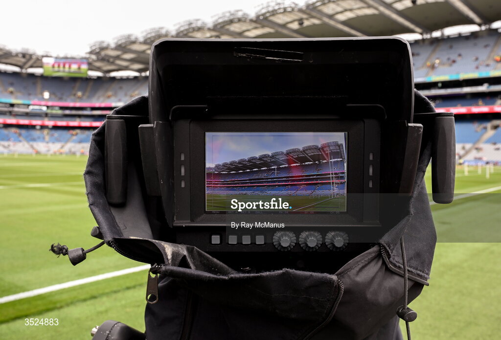 26 July 2026; A television broadcast camera at an empty Croke Park before the GAA Football All-Ireland Senior Championship final match between Kerry and Mayo at Croke Park in Dublin. Photo by Ray McManus/Sportsfile