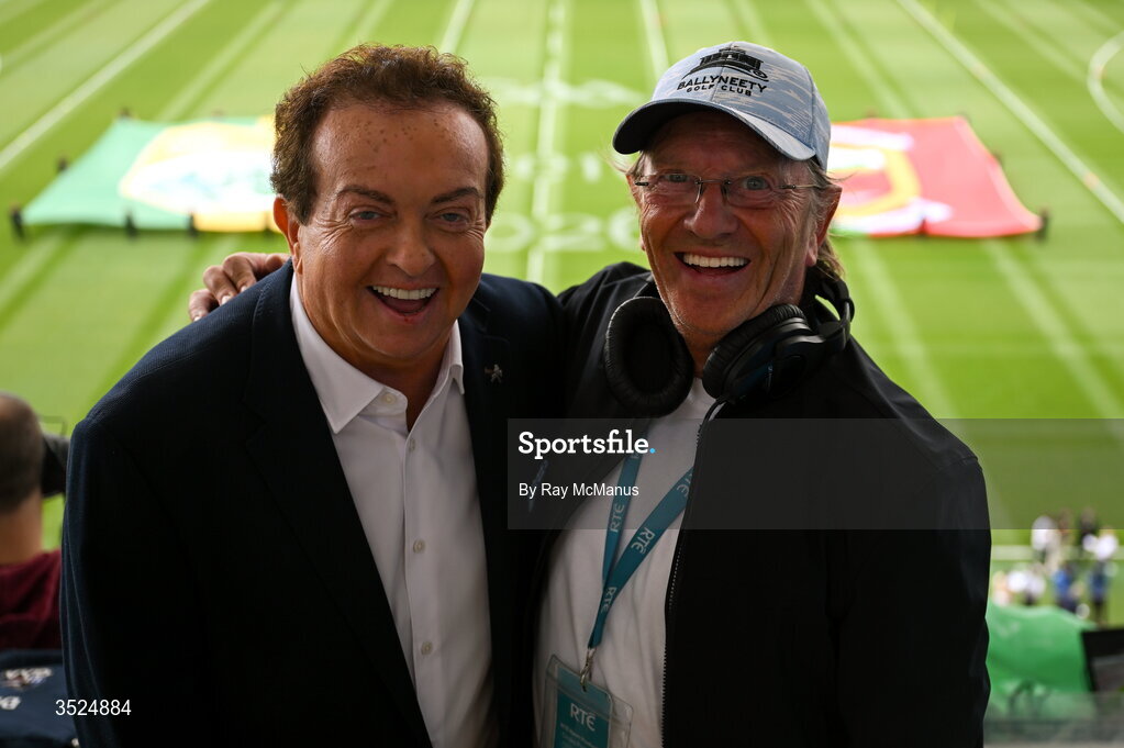 26 July 2026; RTÉ Gaelic Games Correspondent Marty Morrisey with David 'Punchy' Punch, right, before the GAA Football All-Ireland Senior Championship final match between Kerry and Mayo at Croke Park in Dublin. Photo by Ray McManus/Sportsfile