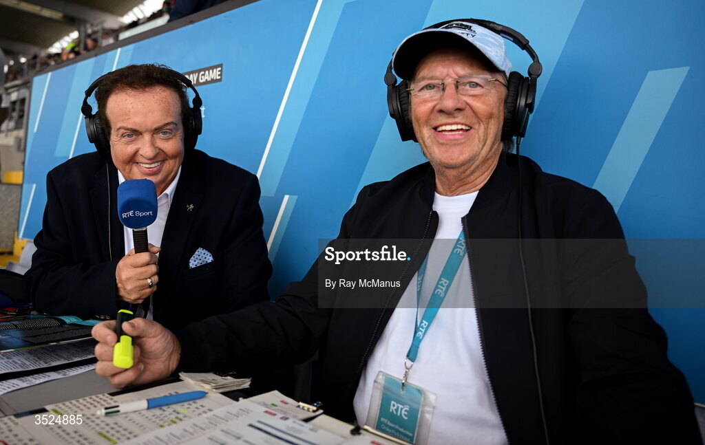 26 July 2026; RTÉ Gaelic Games Correspondent Marty Morrisey with David 'Punchy' Punch, right, before the GAA Football All-Ireland Senior Championship final match between Kerry and Mayo at Croke Park in Dublin. Photo by Ray McManus/Sportsfile