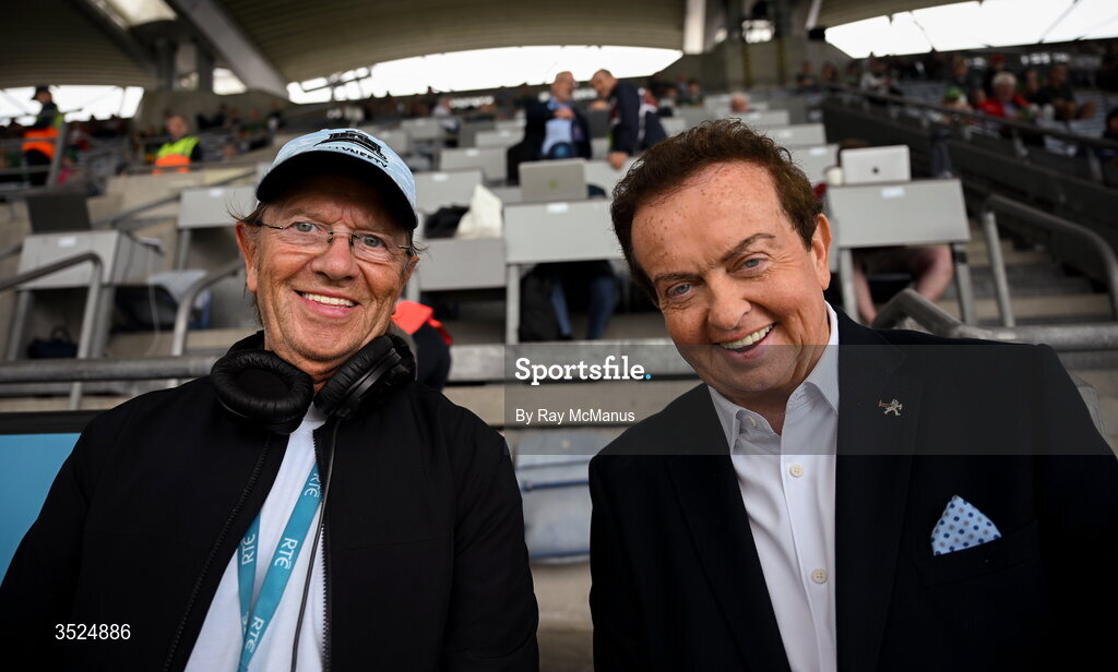 26 July 2026; RTÉ Gaelic Games Correspondent Marty Morrisey with David 'Punchy' Punch, left, before the GAA Football All-Ireland Senior Championship final match between Kerry and Mayo at Croke Park in Dublin. Photo by Ray McManus/Sportsfile