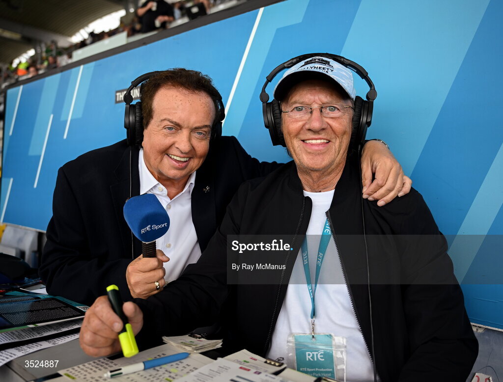 26 July 2026; RTÉ Gaelic Games Correspondent Marty Morrisey with David 'Punchy' Punch, right, before the GAA Football All-Ireland Senior Championship final match between Kerry and Mayo at Croke Park in Dublin. Photo by Ray McManus/Sportsfile