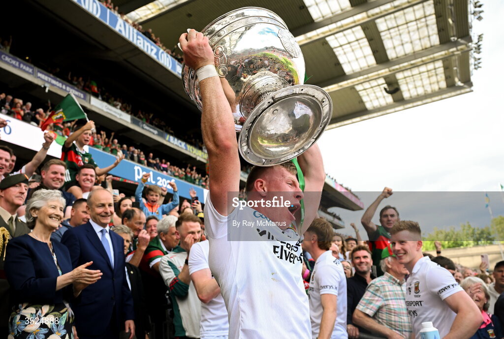 26 July 2026; Ryan O'Donoghue of Mayo lifts the Sam Maguire after the GAA Football All-Ireland Senior Championship final match between Kerry and Mayo at Croke Park in Dublin. Photo by Ray McManus/Sportsfile