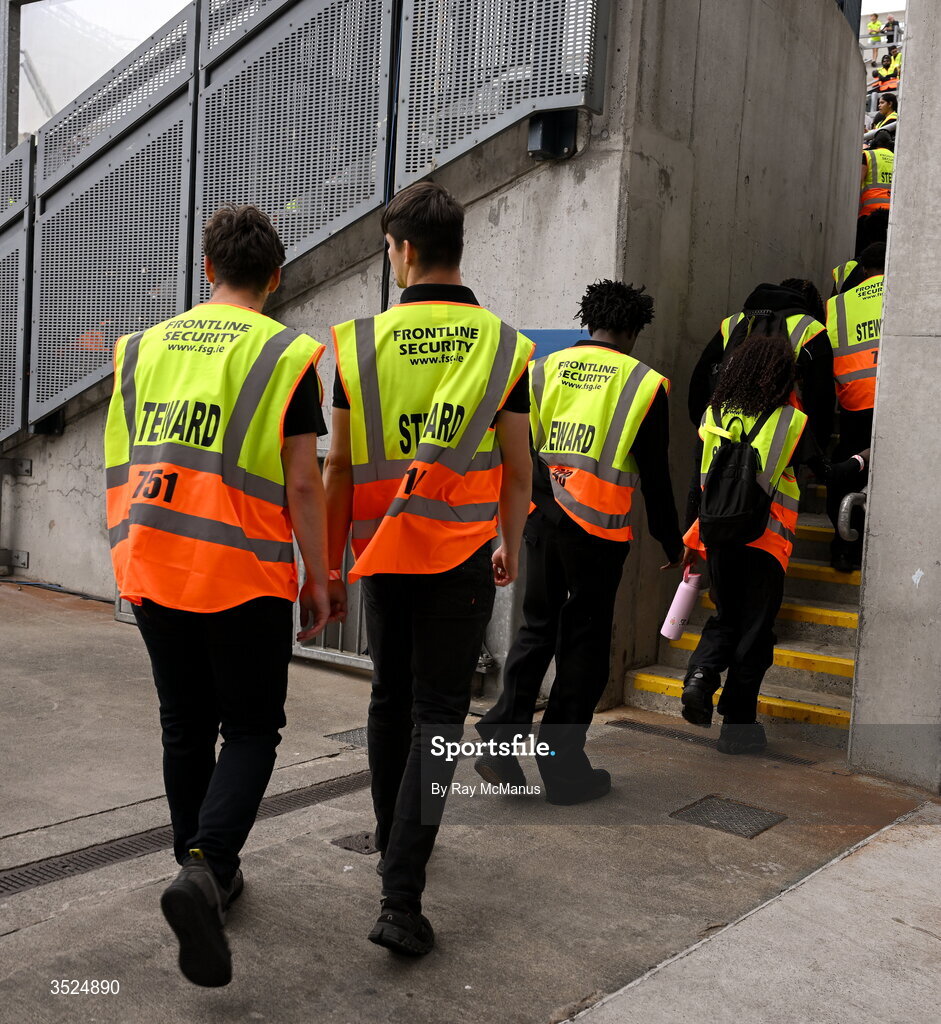 26 July 2026; Frontline Security stewards make their way to their posts before the GAA Football All-Ireland Senior Championship final match between Kerry and Mayo at Croke Park in Dublin. Photo by Ray McManus/Sportsfile