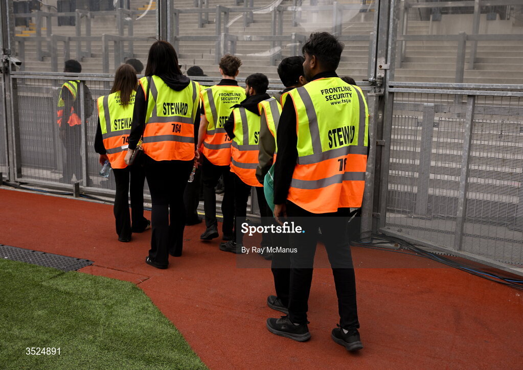 26 July 2026; Frontline Security stewards make their way to their posts before the GAA Football All-Ireland Senior Championship final match between Kerry and Mayo at Croke Park in Dublin. Photo by Ray McManus/Sportsfile