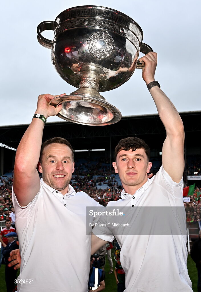 27 July 2026; Mayo manager Andy Moran, left, and captain Jack Coyne during the homecoming celebrations of the All-Ireland Senior Football Champions at Hastings Insurance MacHale Park in Castlebar, Mayo. Photo by Piaras Ó Mídheach/Sportsfile